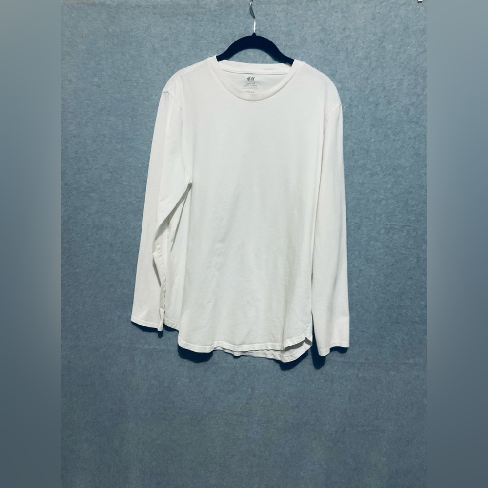 H&M White Longline Long Sleeve Shirt Curved Hem Minimalist Layering Tee Large